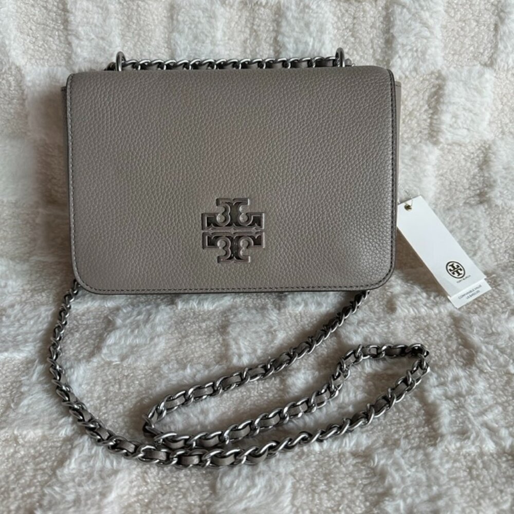 NWT! Tory Burch Britten Adjustable Shoulder Bag Pebble Leather Grey Silver 67292
